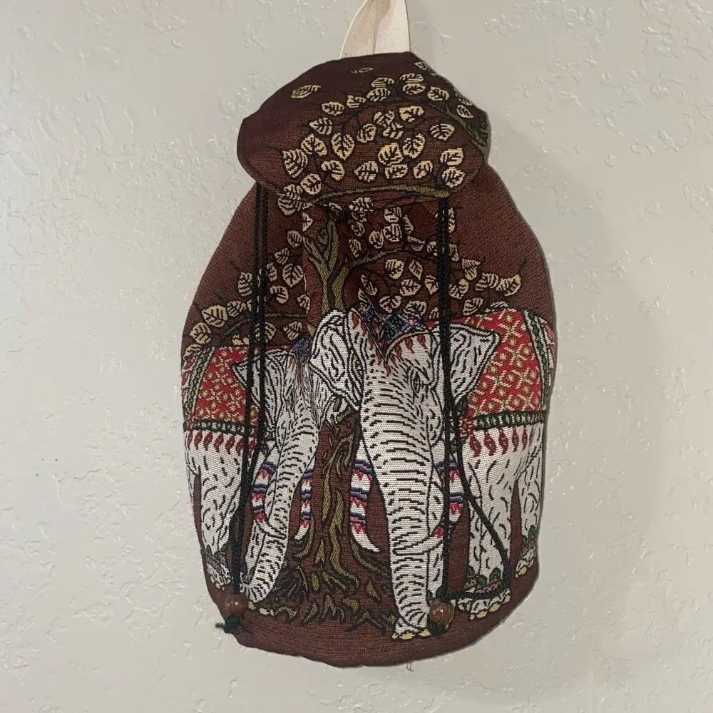 Embroidered Elephant and Tree Cotton Drawstring Backpack, 